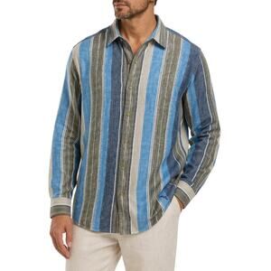 Tommy Bahama Linen Striped Shirt XXL Blue Long Sleeve Button Down